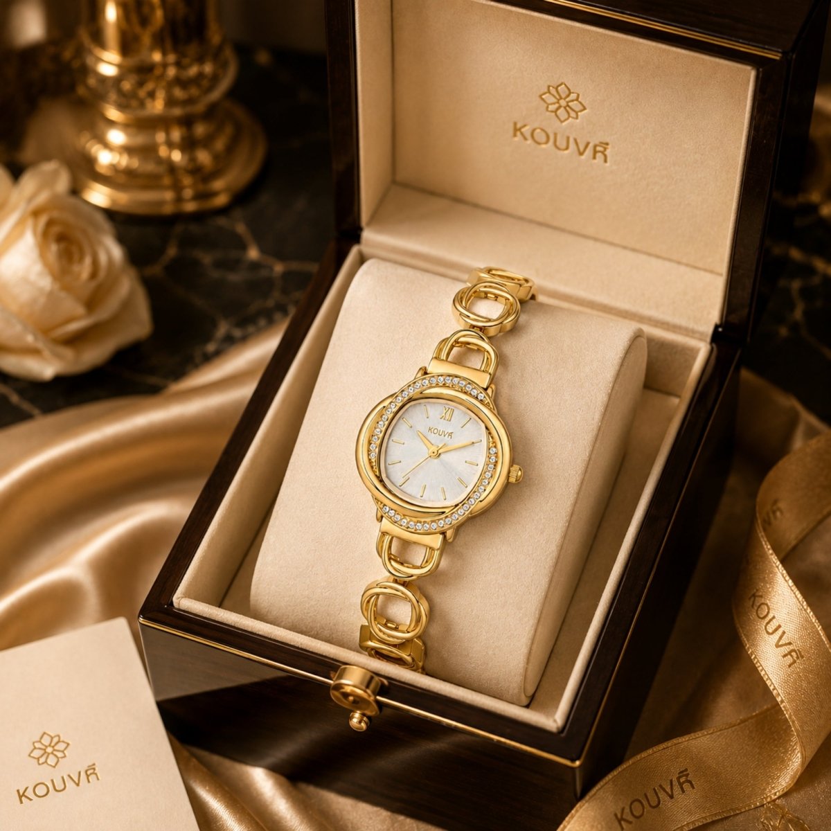 Kouvr women's vintage gold chain link watch with crystal bezel presented inside a luxury wooden gift box.