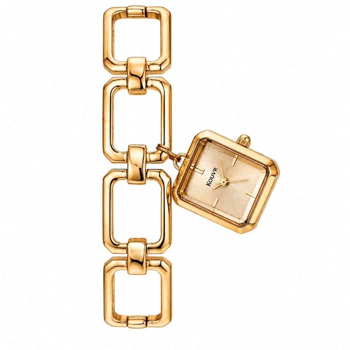 Front flat lay view of the Kouvr women's gold vintage style watch featuring a chunky rectangular chain link strap and suspended square dial.