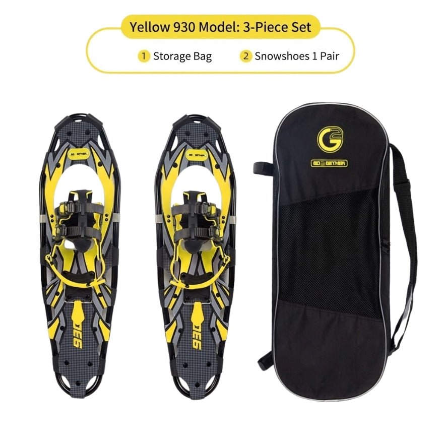 Backcountry Yellow 930 model 3-piece set featuring one pair of oversized snowshoes for deep powder and a carry bag.