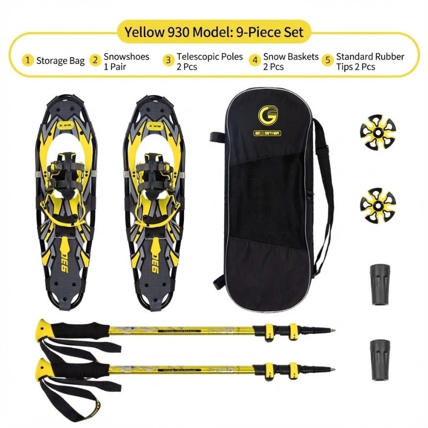 Premium 9-piece mountain hiking kit with Yellow 930 model snowshoes, yellow-accented poles, and all-weather baskets.