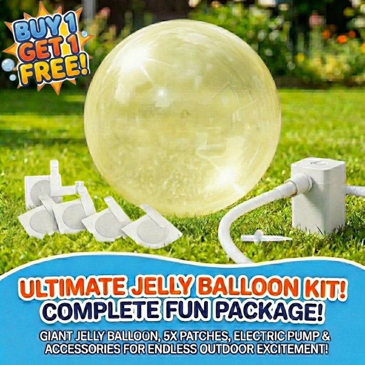 Yellow giant bubble ball toy set on the grass, including a portable electric pump and patches, marketed as the complete fun package for families.