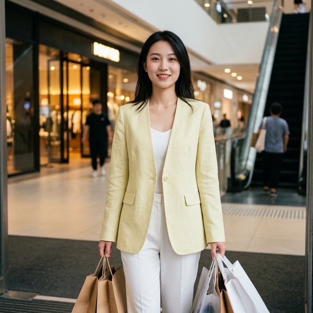 Happy woman holding shopping bags wearing Kouvr pale yellow collarless suit jacket in a mall.