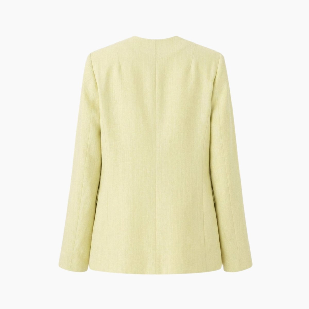 Ghost mannequin back view of Kouvr yellow linen tailored blazer for women.