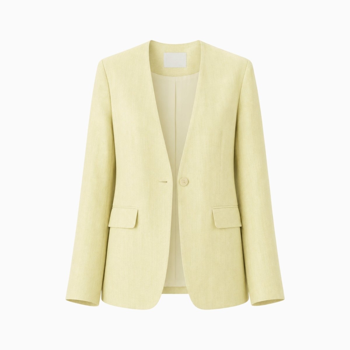 Ghost mannequin front view of Kouvr yellow collarless linen blazer showing single button and flap pockets.