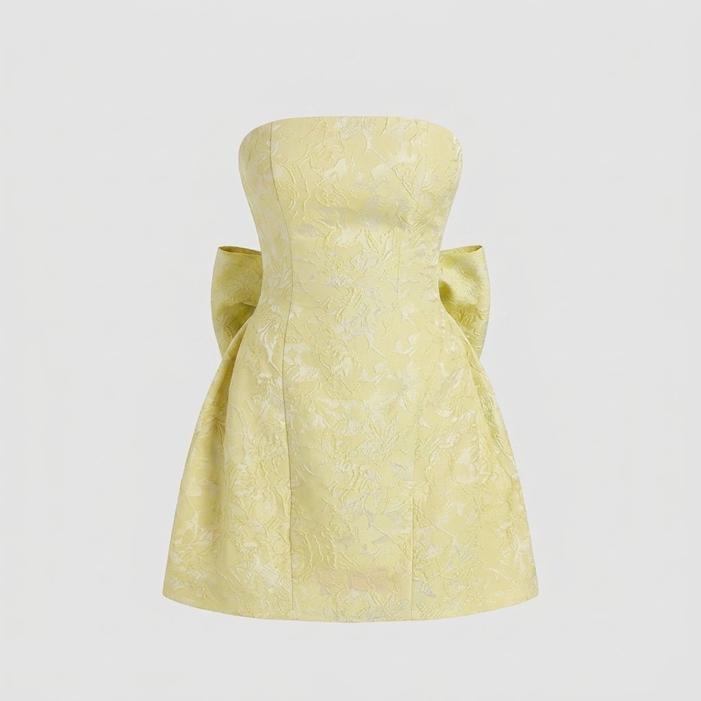 Front ghost mannequin product view of the structured yellow floral brocade mini dress
