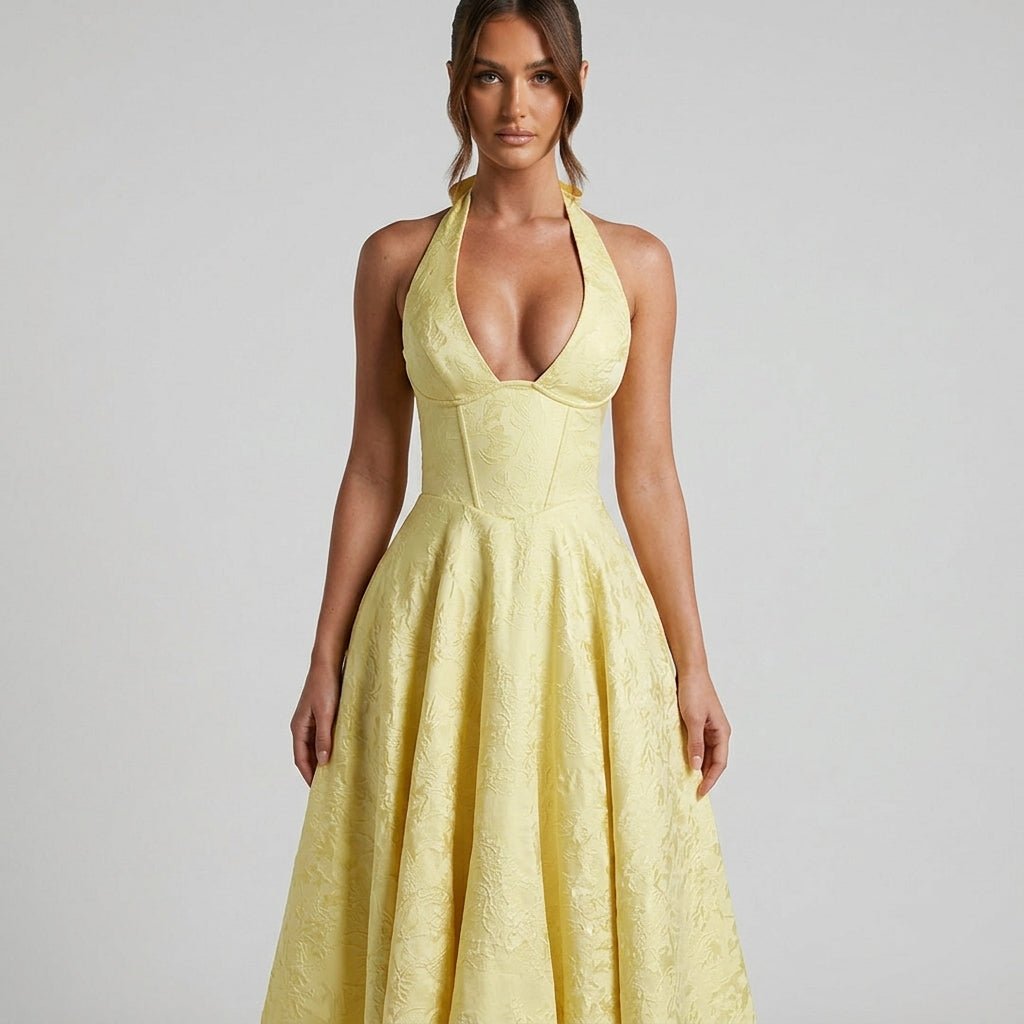 Close up of the structured corset bodice, plunging neckline, and floral embossed texture on the Kouvr yellow halter dress.