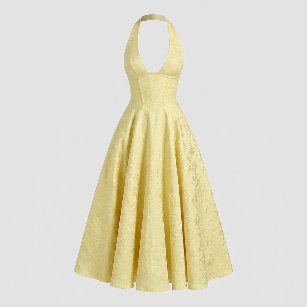 Ghost mannequin front view of the yellow fit and flare midi dress showing the structural design and A-line pleated skirt.