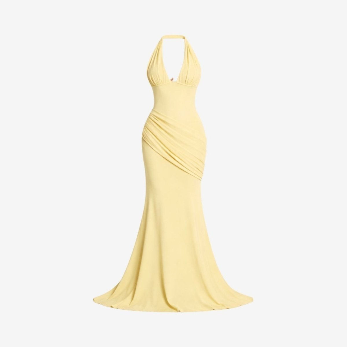 Ghost mannequin front styling of the luxury yellow halter ruched maxi gown displaying the bodice structure and fabric drape.