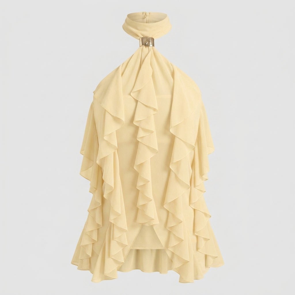 Flat lay style front view of the unlined pale yellow sheer ruffle resort wear top by Kouvr.
