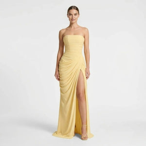 Strapless Ruched Gown with Corset Back & High Slit for Formal Events Wedding Guest or Prom | Serenity Blue Draped Maxi Evening Dress by Kouvr Strapless Ruched Gown with Corset Back & High Slit for Formal Events Wedding Guest or Prom | Serenity Blue Draped Maxi Evening Dress by Kouvr