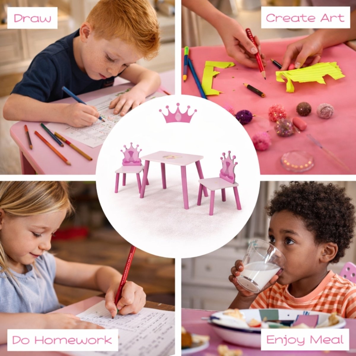 A young girl in a beige dress sitting at a pink and white Kouvr princess table, positioned for drawing or activities in a classic-styled room.